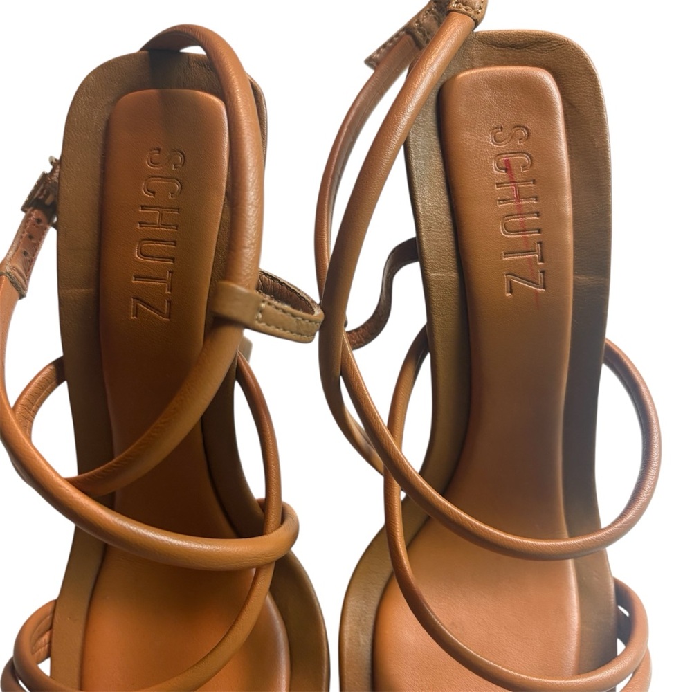 Schutz Golden Ochre / Caramel Leather Lovi Strappy Sandals Size 6 B - Picture 5 of 7